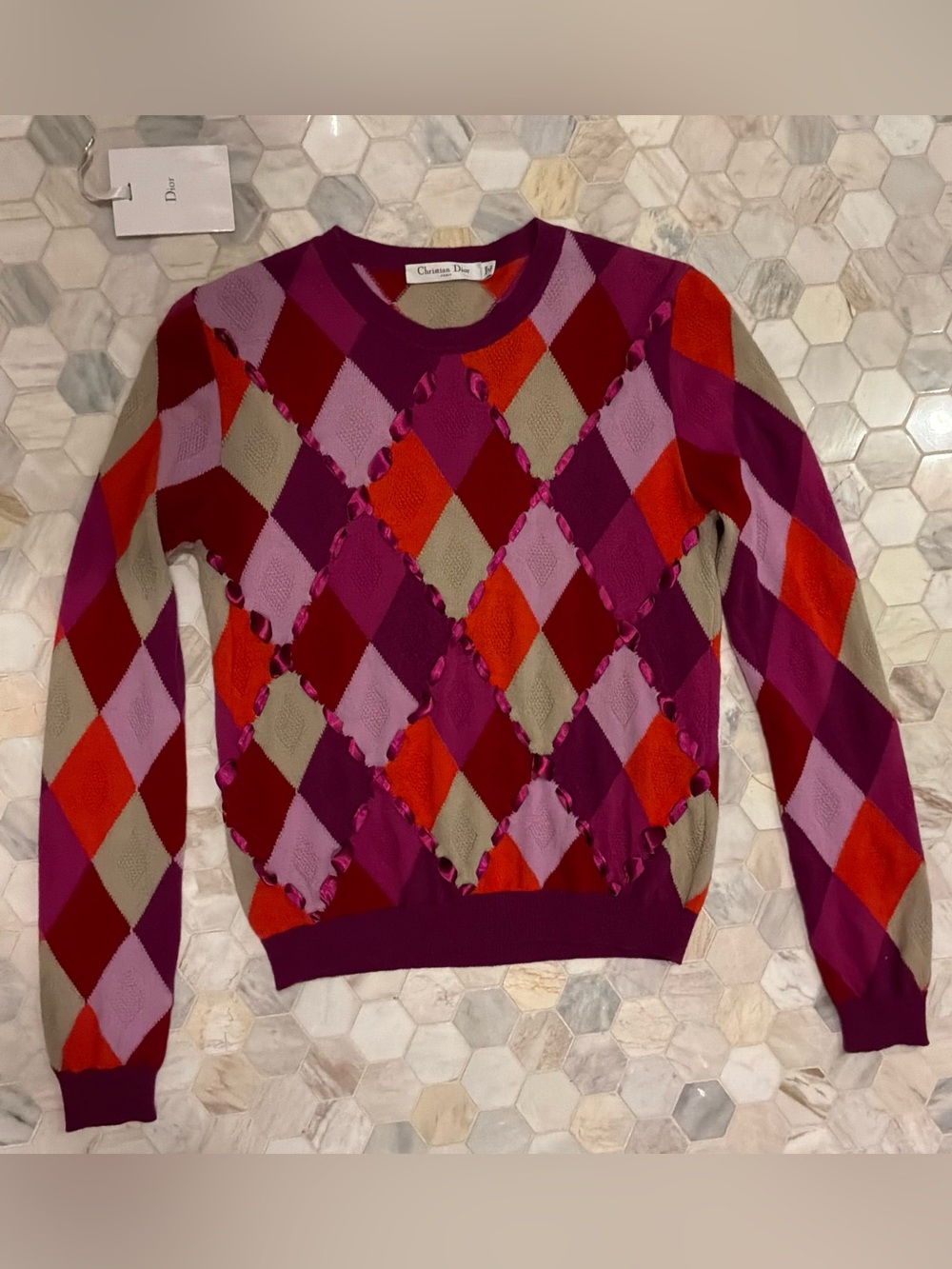 Grail NWT Vintage Dior Women's Argyle Ribbon Sweater
